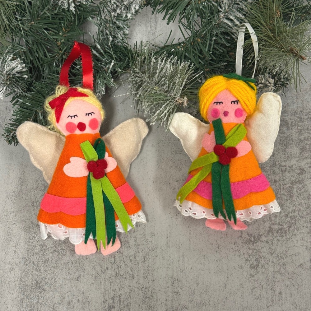 Vintage Handmade Felt Angel Christmas Ornaments Set of 2 Orange Pink Lace 6 inch